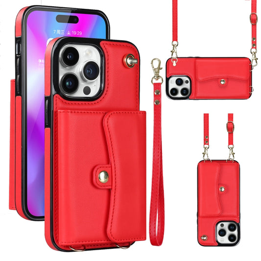 For iPhone 14 Pro Max RFID Card Slot Phone Case with Long Lanyard(Red) - iPhone 14 Pro Max Cases by buy2fix | Online Shopping UK | buy2fix