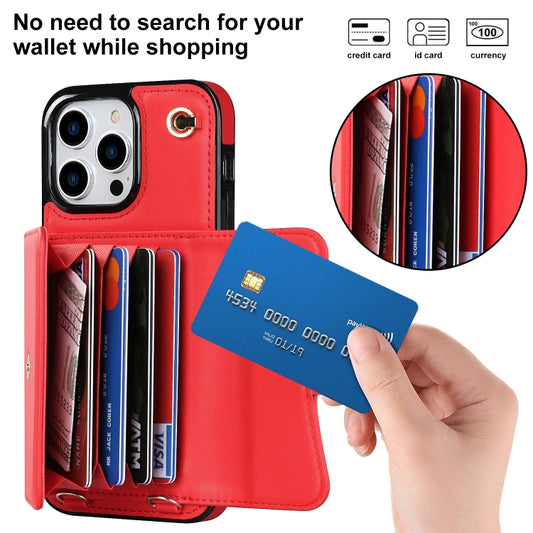 For iPhone 14 Pro Max RFID Card Slot Phone Case with Long Lanyard(Red) - iPhone 14 Pro Max Cases by buy2fix | Online Shopping UK | buy2fix