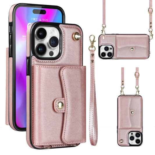 For iPhone 14 Pro Max RFID Card Slot Phone Case with Long Lanyard(Rose Gold) - iPhone 14 Pro Max Cases by buy2fix | Online Shopping UK | buy2fix