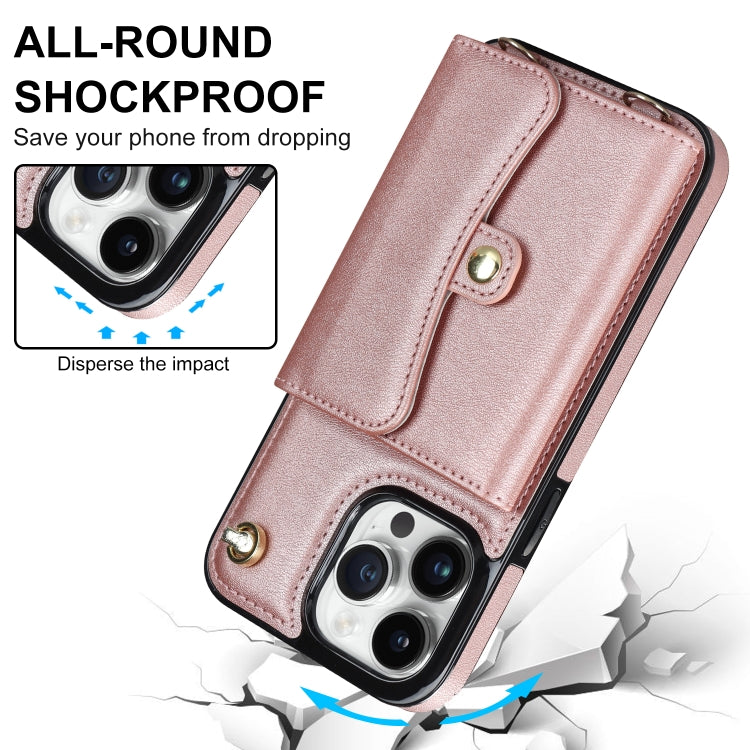For iPhone 14 Pro Max RFID Card Slot Phone Case with Long Lanyard(Rose Gold) - iPhone 14 Pro Max Cases by buy2fix | Online Shopping UK | buy2fix