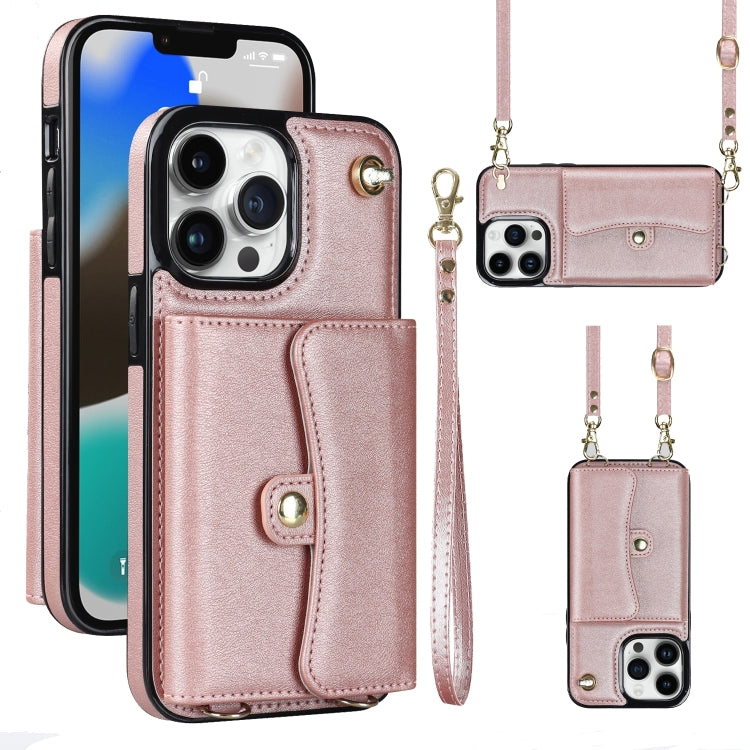 For iPhone 13 Pro Max RFID Card Slot Phone Case with Long Lanyard(Rose Gold) - iPhone 13 Pro Max Cases by buy2fix | Online Shopping UK | buy2fix