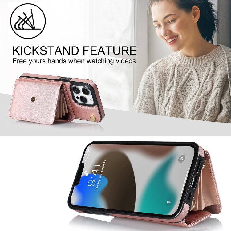 For iPhone 13 Pro Max RFID Card Slot Phone Case with Long Lanyard(Rose Gold) - iPhone 13 Pro Max Cases by buy2fix | Online Shopping UK | buy2fix