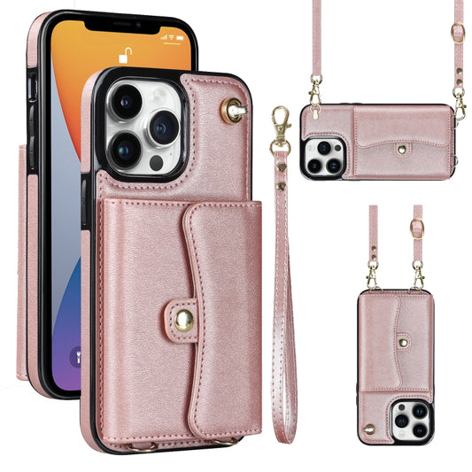 For iPhone 12 Pro Max RFID Card Slot Phone Case with Long Lanyard(Rose Gold) - iPhone 12 Pro Max Cases by buy2fix | Online Shopping UK | buy2fix