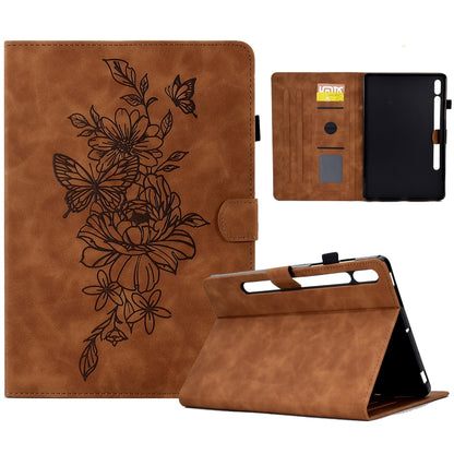 For Samsung Galaxy Tab S7 / S8 Peony Butterfly Embossed Leather Smart Tablet Case(Brown) - Galaxy Tab S7 by buy2fix | Online Shopping UK | buy2fix