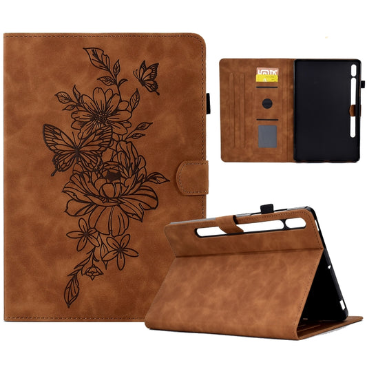 For Samsung Galaxy Tab S7 / S8 Peony Butterfly Embossed Leather Smart Tablet Case(Brown) - Galaxy Tab S7 by buy2fix | Online Shopping UK | buy2fix