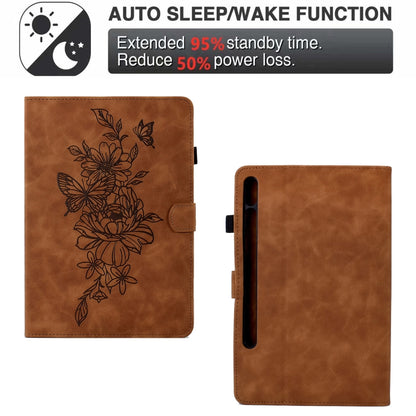 For Samsung Galaxy Tab S7 / S8 Peony Butterfly Embossed Leather Smart Tablet Case(Brown) - Galaxy Tab S7 by buy2fix | Online Shopping UK | buy2fix