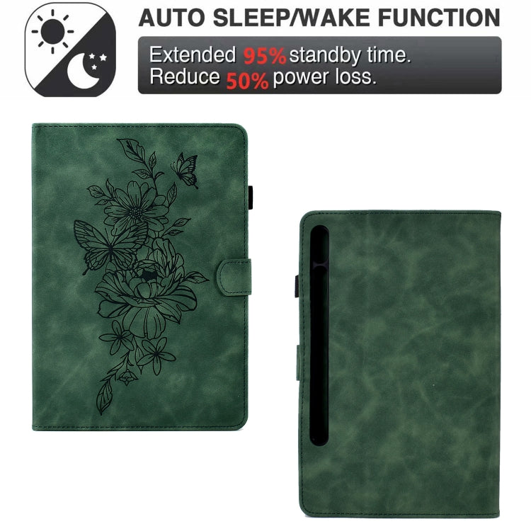 For Samsung Galaxy Tab S7 / S8 Peony Butterfly Embossed Leather Smart Tablet Case(Green) - Galaxy Tab S7 by buy2fix | Online Shopping UK | buy2fix