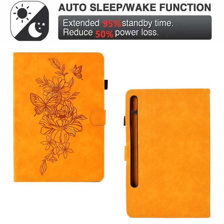 For Samsung Galaxy Tab S7 / S8 Peony Butterfly Embossed Leather Smart Tablet Case(Khaki) - Galaxy Tab S7 by buy2fix | Online Shopping UK | buy2fix