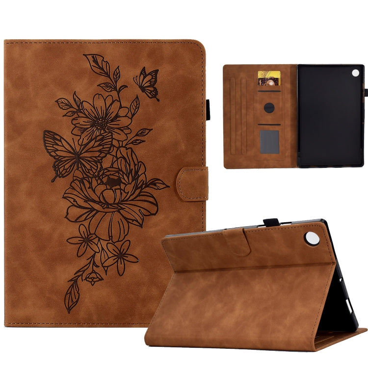 For Samsung Galaxy Tab A8 10.5 2021 X205 Peony Butterfly Embossed Leather Smart Tablet Case(Brown) by buy2fix