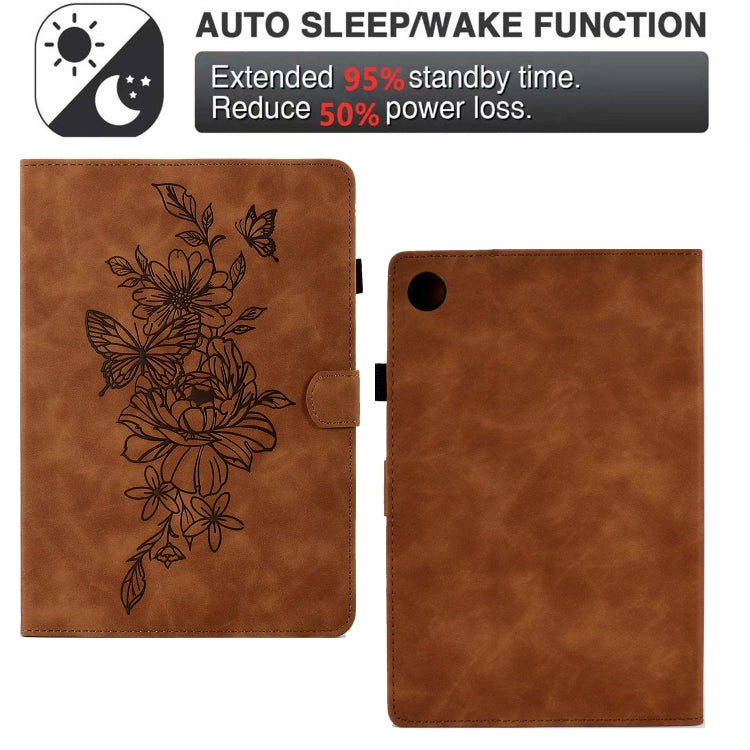 For Samsung Galaxy Tab A8 10.5 2021 X205 Peony Butterfly Embossed Leather Smart Tablet Case(Brown) by buy2fix