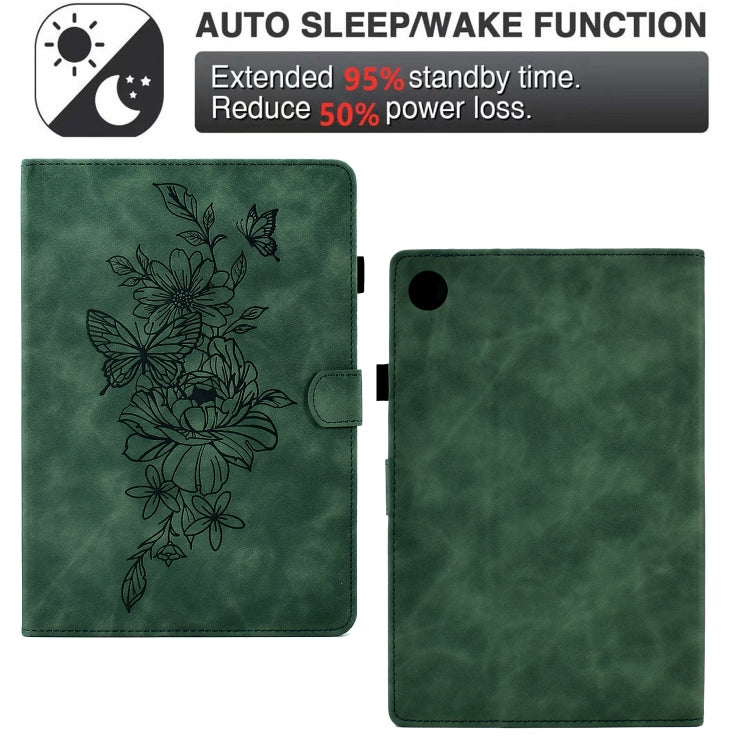 For Samsung Galaxy Tab A8 10.5 2021 X205 Peony Butterfly Embossed Leather Smart Tablet Case(Green) - Other Galaxy Tab PC by buy2fix | Online Shopping UK | buy2fix