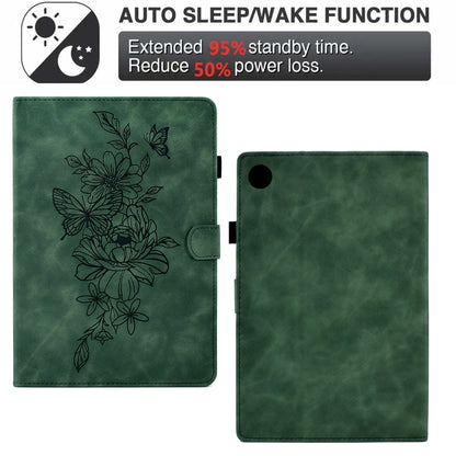 For Samsung Galaxy Tab A8 10.5 2021 X205 Peony Butterfly Embossed Leather Smart Tablet Case(Green) - Other Galaxy Tab PC by buy2fix | Online Shopping UK | buy2fix