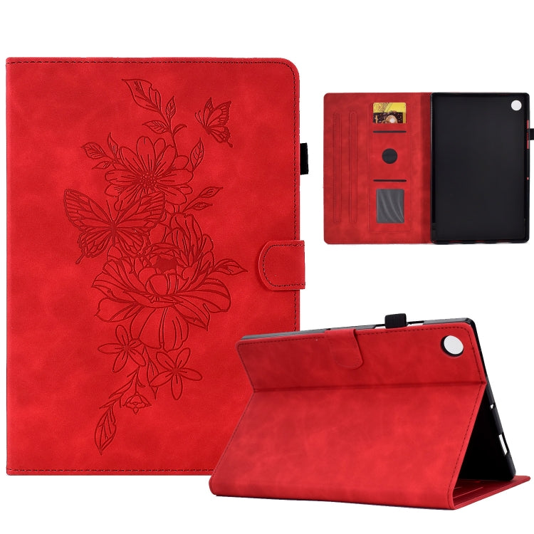 For Samsung Galaxy Tab A8 10.5 2021 X205 Peony Butterfly Embossed Leather Smart Tablet Case(Red) - Other Galaxy Tab PC by buy2fix | Online Shopping UK | buy2fix
