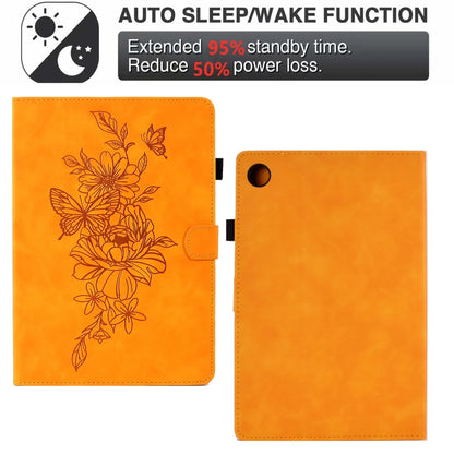 For Samsung Galaxy Tab A8 10.5 2021 X205 Peony Butterfly Embossed Leather Smart Tablet Case(Khaki) - Other Galaxy Tab PC by buy2fix | Online Shopping UK | buy2fix