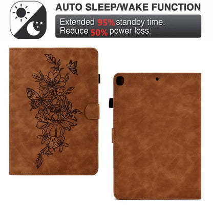 For Samsung Galaxy Tab S6 Lite P610 Peony Butterfly Embossed Leather Smart Tablet Case(Brown) - Tab S6 Lite P610 / P615 by buy2fix | Online Shopping UK | buy2fix