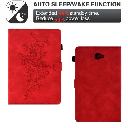 For Samsung Galaxy Tab A 10.1 2016 T580 Peony Butterfly Embossed Leather Smart Tablet Case(Red) - Tab A 10.1 by buy2fix | Online Shopping UK | buy2fix
