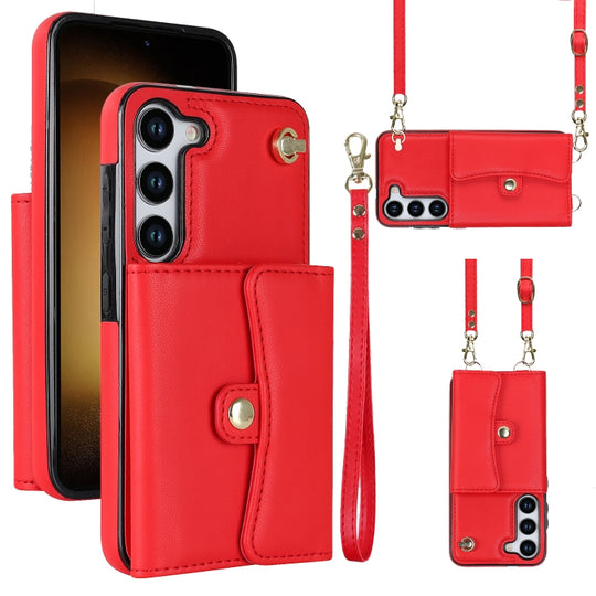 For Samsung Galaxy S23 5G RFID Card Slot Leather Phone Case with Long Lanyard(Red)