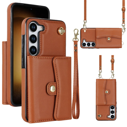 For Samsung Galaxy S23 5G RFID Card Slot Leather Phone Case with Long Lanyard(Brown)
