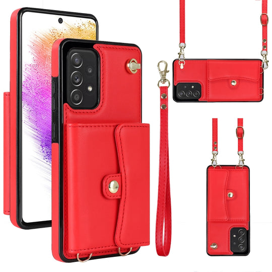 For Samsung Galaxy A73 5G RFID Card Slot Leather Phone Case with Long Lanyard(Red)