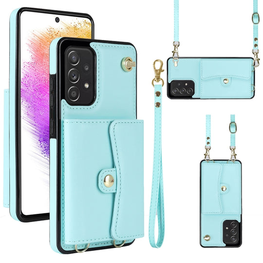 For Samsung Galaxy A73 5G RFID Card Slot Leather Phone Case with Long Lanyard(Mint Green)