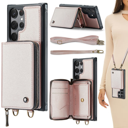 For Samsung Galaxy S23 Ultra 5G JEEHOOD C22 Series Zipper Wallet Leather Phone Case with Dual Lanyard(Rose Gold) - Galaxy S23 Ultra 5G Cases by JEEHOOD | Online Shopping UK | buy2fix