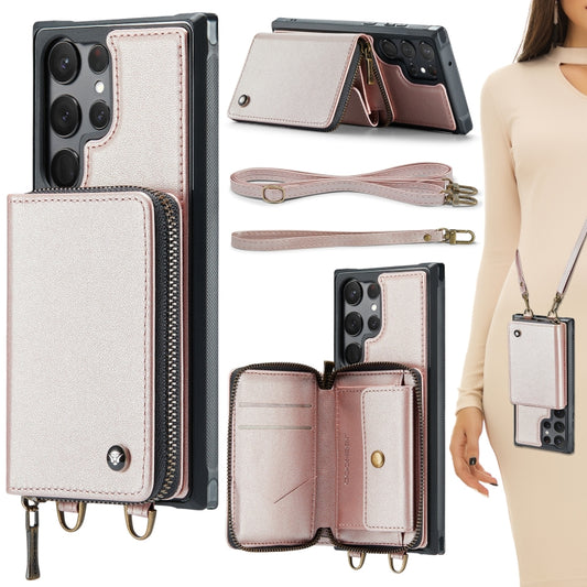For Samsung Galaxy S23 Ultra 5G JEEHOOD C22 Series Zipper Wallet Leather Phone Case with Dual Lanyard(Rose Gold) - Galaxy S23 Ultra 5G Cases by JEEHOOD | Online Shopping UK | buy2fix