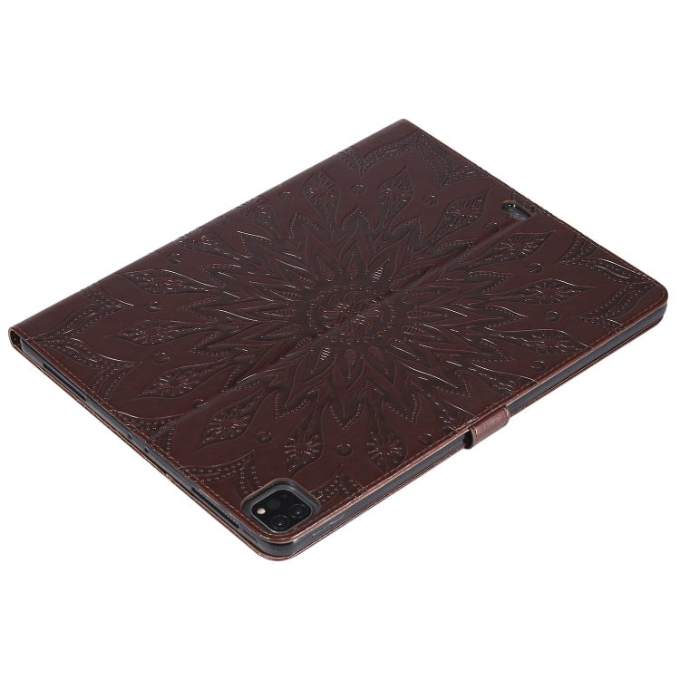 For iPad Pro 12.9 (2020)  & Pro 12.9 (2018) Pressed Printing Sunflower Pattern Horizontal Flip PU Leather Tablet Case with Holder & Card Slots & Wallet(Brown) - iPad Pro 12.9 (2020) Cases by buy2fix | Online Shopping UK | buy2fix