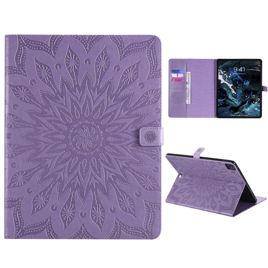 For iPad Pro 12.9 (2020) & Pro 12.9 (2018) Pressed Printing Sunflower Pattern Horizontal Flip PU Leather Tablet Case with Holder & Card Slots & Wallet(Purple) - iPad Pro 12.9 (2020) Cases by buy2fix | Online Shopping UK | buy2fix