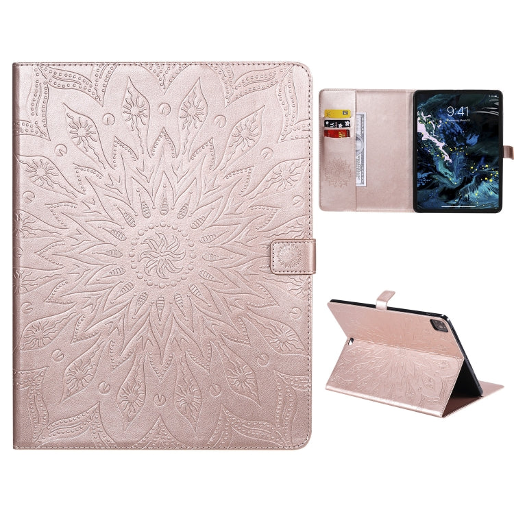 For iPad Pro 12.9 (2020) & Pro 12.9 (2018) Pressed Printing Sunflower Pattern Horizontal Flip PU Leather Tablet Case with Holder & Card Slots & Wallet(Rose Gold) - iPad Pro 12.9 (2020) Cases by buy2fix | Online Shopping UK | buy2fix