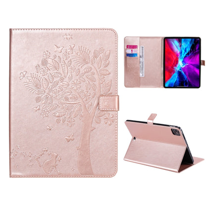 For iPad Pro 12.9 (2020) Pressed Printing Cat and Tree Pattern Horizontal Flip Leather Tablet Case with Holder & Card Slots & Wallet(Rose Gold) - iPad Pro 12.9 (2020) Cases by buy2fix | Online Shopping UK | buy2fix