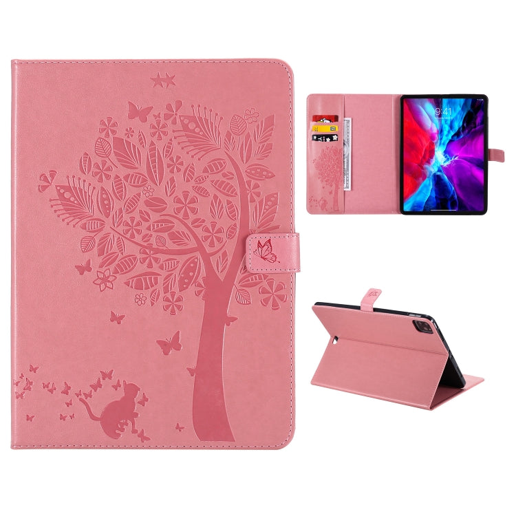 For iPad Pro 11 (2020) Pressed Printing Cat and Tree Pattern Horizontal Flip Leather Tablet Case with Holder & Card Slots & Wallet(Pink) - iPad Pro 11 (2020) Cases by buy2fix | Online Shopping UK | buy2fix
