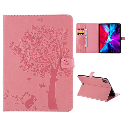 For iPad Pro 11 (2020) Pressed Printing Cat and Tree Pattern Horizontal Flip Leather Tablet Case with Holder & Card Slots & Wallet(Pink) - iPad Pro 11 (2020) Cases by buy2fix | Online Shopping UK | buy2fix