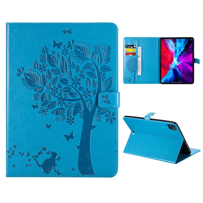For iPad Pro 11 (2020) Pressed Printing Cat and Tree Pattern Horizontal Flip Leather Tablet Case with Holder & Card Slots & Wallet(Blue) - iPad Pro 11 (2020) Cases by buy2fix | Online Shopping UK | buy2fix