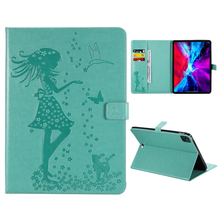 For iPad Pro 12.9 (2020) Pressed Printing Woman and Cat Pattern Horizontal Flip Leather Tablet Case with Holder & Card Slots & Wallet(Green) - iPad Pro 12.9 (2020) Cases by buy2fix | Online Shopping UK | buy2fix