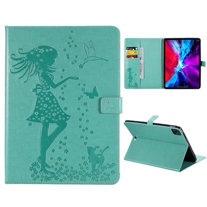 For iPad Pro 12.9 (2020) Pressed Printing Woman and Cat Pattern Horizontal Flip Leather Tablet Case with Holder & Card Slots & Wallet(Green) - iPad Pro 12.9 (2020) Cases by buy2fix | Online Shopping UK | buy2fix
