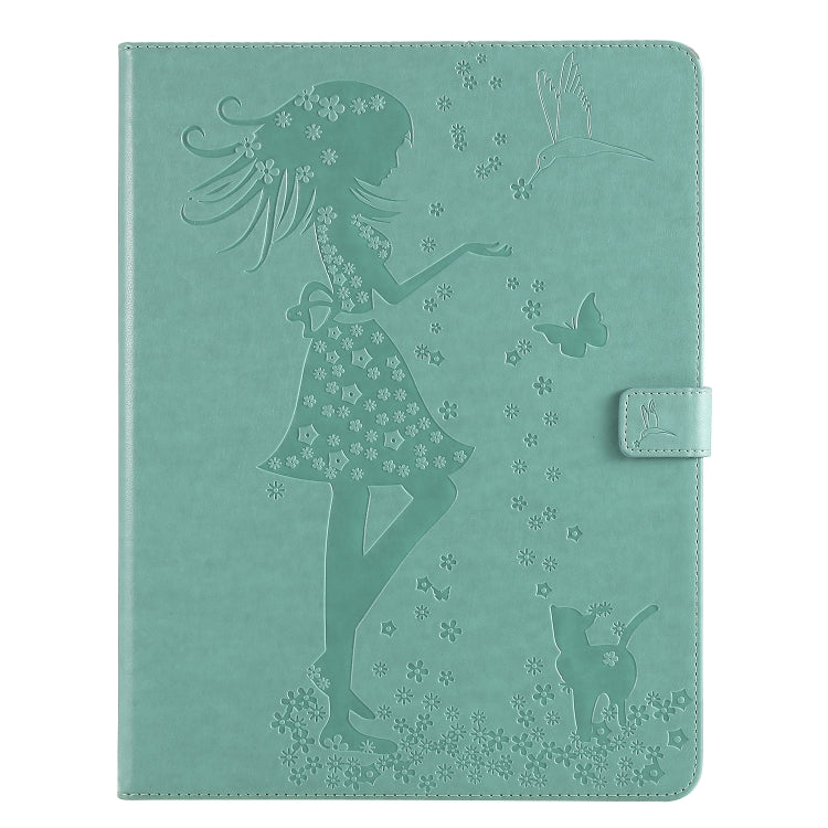For iPad Pro 12.9 (2020) Pressed Printing Woman and Cat Pattern Horizontal Flip Leather Tablet Case with Holder & Card Slots & Wallet(Green) - iPad Pro 12.9 (2020) Cases by buy2fix | Online Shopping UK | buy2fix