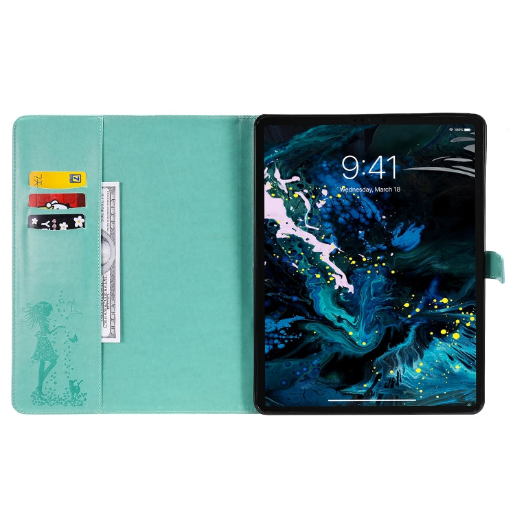 For iPad Pro 12.9 (2020) Pressed Printing Woman and Cat Pattern Horizontal Flip Leather Tablet Case with Holder & Card Slots & Wallet(Green) - iPad Pro 12.9 (2020) Cases by buy2fix | Online Shopping UK | buy2fix