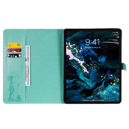 For iPad Pro 12.9 (2020) Pressed Printing Woman and Cat Pattern Horizontal Flip Leather Tablet Case with Holder & Card Slots & Wallet(Green) - iPad Pro 12.9 (2020) Cases by buy2fix | Online Shopping UK | buy2fix