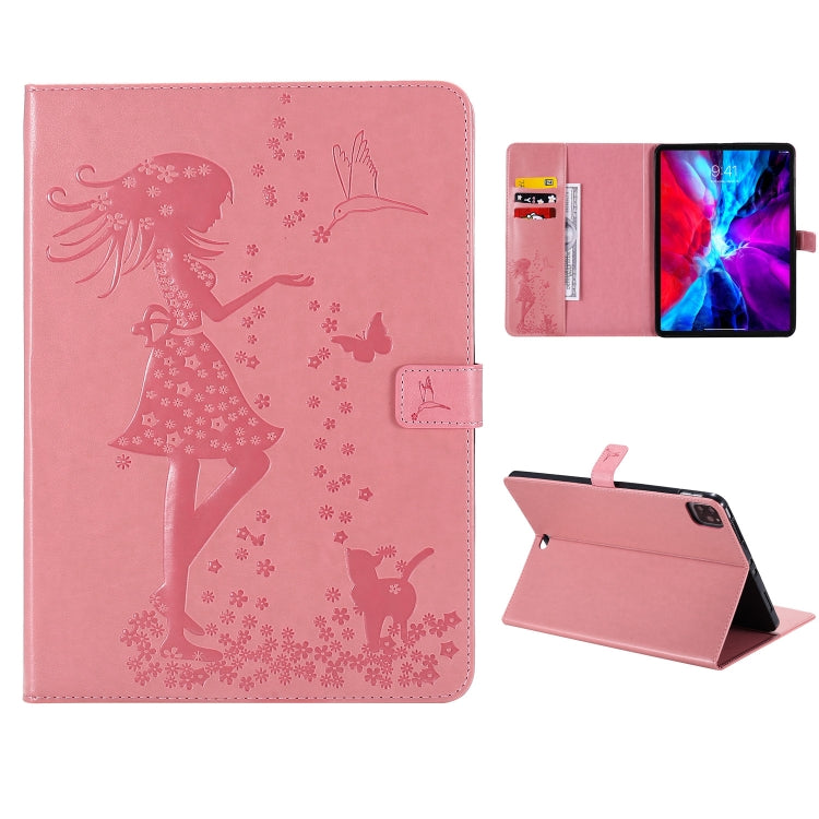 For iPad Pro 12.9 (2020) Pressed Printing Woman and Cat Pattern Horizontal Flip Leather Tablet Case with Holder & Card Slots & Wallet(Pink) - iPad Pro 12.9 (2020) Cases by buy2fix | Online Shopping UK | buy2fix