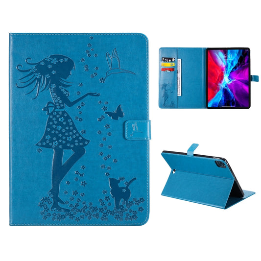 For iPad Pro 12.9 (2020) Pressed Printing Woman and Cat Pattern Horizontal Flip Leather Tablet Case with Holder & Card Slots & Wallet(Blue) - iPad Pro 12.9 (2020) Cases by buy2fix | Online Shopping UK | buy2fix