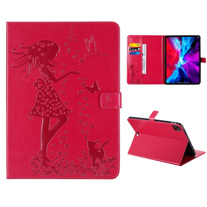 For iPad Pro 12.9 (2020) Pressed Printing Woman and Cat Pattern Horizontal Flip Leather Tablet Case with Holder & Card Slots & Wallet(Red) - iPad Pro 12.9 (2020) Cases by buy2fix | Online Shopping UK | buy2fix