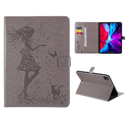 For iPad Pro 12.9 (2020) Pressed Printing Woman and Cat Pattern Horizontal Flip Leather Tablet Case with Holder & Card Slots & Wallet(Grey) - iPad Pro 12.9 (2020) Cases by buy2fix | Online Shopping UK | buy2fix
