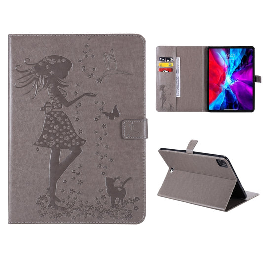 For iPad Pro 12.9 (2020) Pressed Printing Woman and Cat Pattern Horizontal Flip Leather Tablet Case with Holder & Card Slots & Wallet(Grey) - iPad Pro 12.9 (2020) Cases by buy2fix | Online Shopping UK | buy2fix