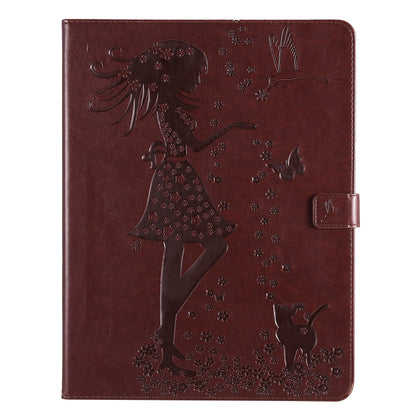 For iPad Pro 12.9 (2020) Pressed Printing Woman and Cat Pattern Horizontal Flip Leather Tablet Case with Holder & Card Slots & Wallet(Coffee) - iPad Pro 12.9 (2020) Cases by buy2fix | Online Shopping UK | buy2fix