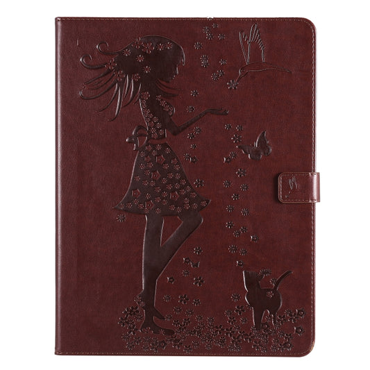 For iPad Pro 12.9 (2020) Pressed Printing Woman and Cat Pattern Horizontal Flip Leather Tablet Case with Holder & Card Slots & Wallet(Coffee) - iPad Pro 12.9 (2020) Cases by buy2fix | Online Shopping UK | buy2fix