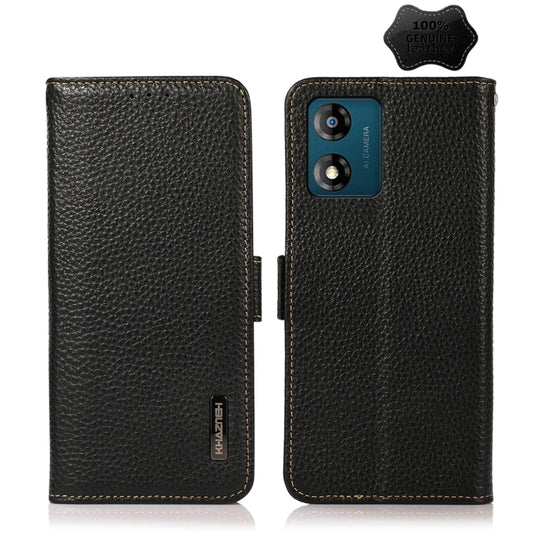 For Motorola Moto E13 2023 4G KHAZNEH Side-Magnetic Litchi Genuine Leather RFID Phone Case(Black) - Motorola Cases by buy2fix | Online Shopping UK | buy2fix