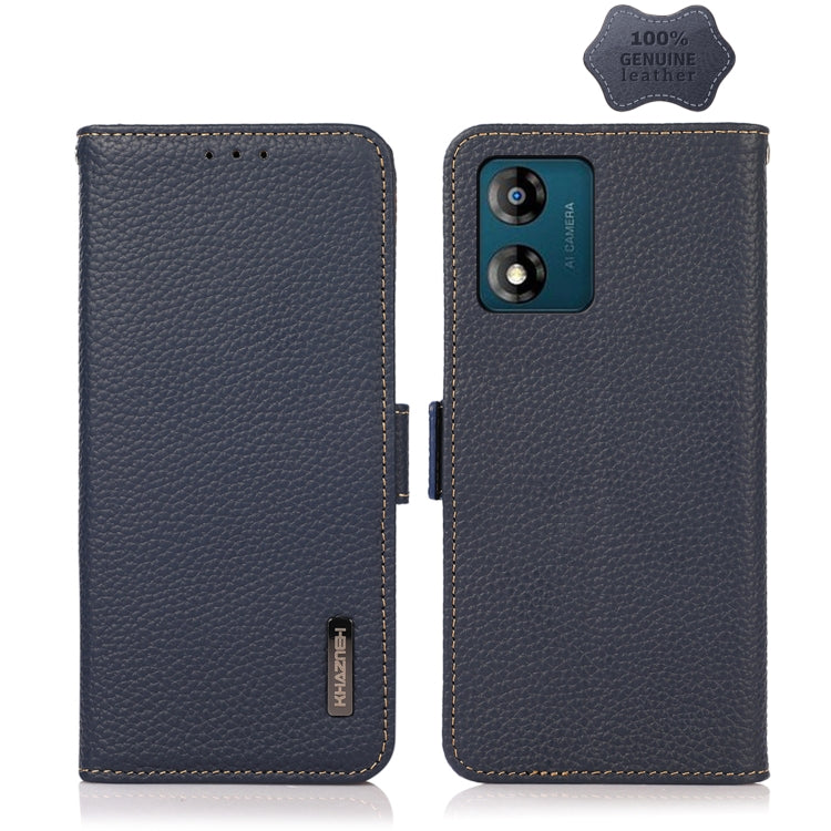 For Motorola Moto E13 2023 4G KHAZNEH Side-Magnetic Litchi Genuine Leather RFID Phone Case(Blue) - Motorola Cases by buy2fix | Online Shopping UK | buy2fix