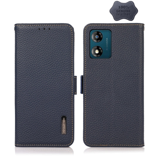 For Motorola Moto E13 2023 4G KHAZNEH Side-Magnetic Litchi Genuine Leather RFID Phone Case(Blue) - Motorola Cases by buy2fix | Online Shopping UK | buy2fix