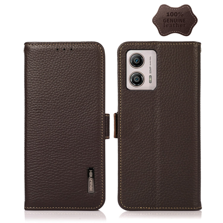 For Motorola Moto G13 / G23 / G53 5G KHAZNEH Side-Magnetic Litchi Genuine Leather RFID Phone Case(Brown) - Motorola Cases by buy2fix | Online Shopping UK | buy2fix