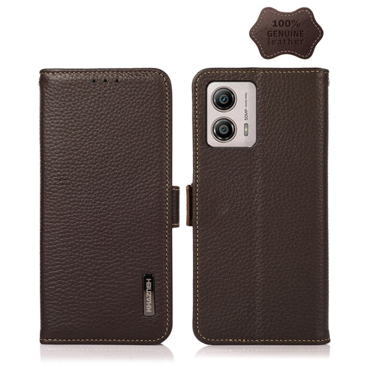 For Motorola Moto G13 / G23 / G53 5G KHAZNEH Side-Magnetic Litchi Genuine Leather RFID Phone Case(Brown) - Motorola Cases by buy2fix | Online Shopping UK | buy2fix